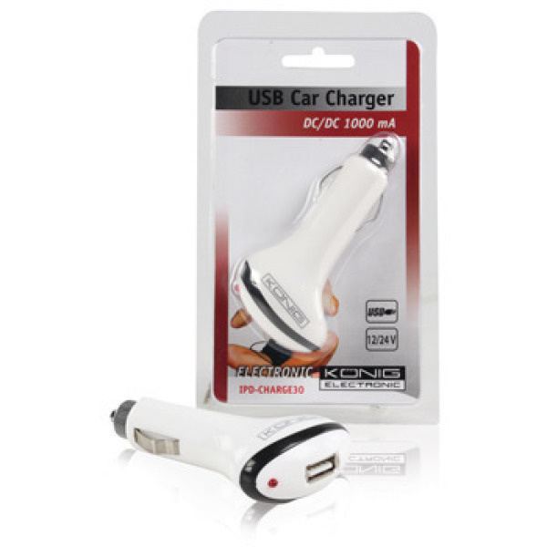 König USB Autolaturi, USB A naaras, 1000mAh, valkoinen UUSI