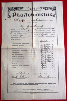 Päästötodistus kansakoulusta vuodelta 1927
