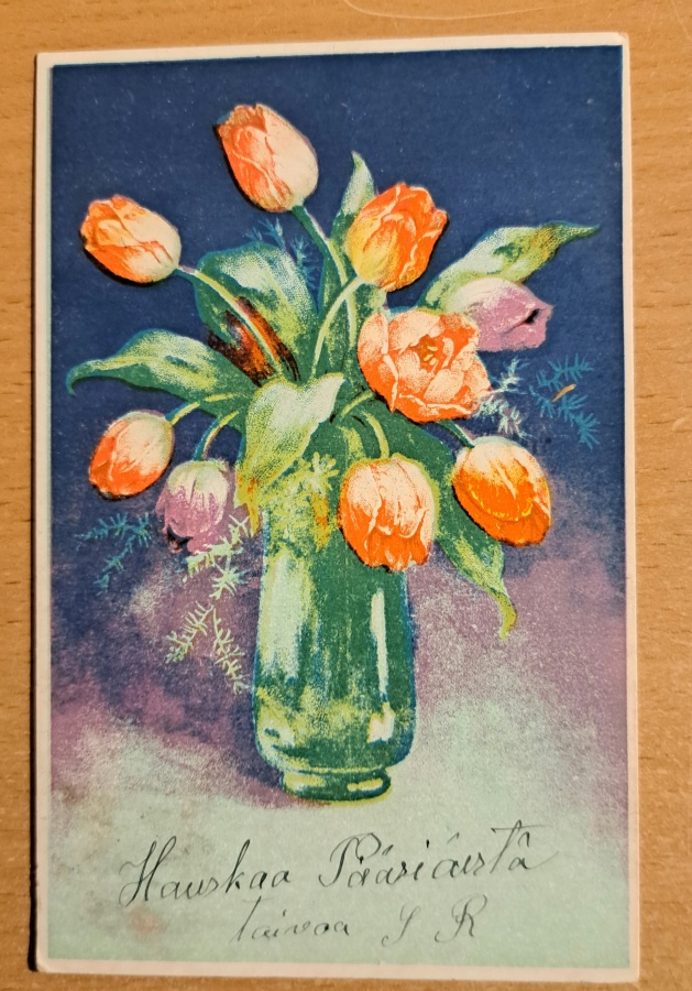 kukkakortti,  tulppaaneja maljakossa,vanha, kulkenut