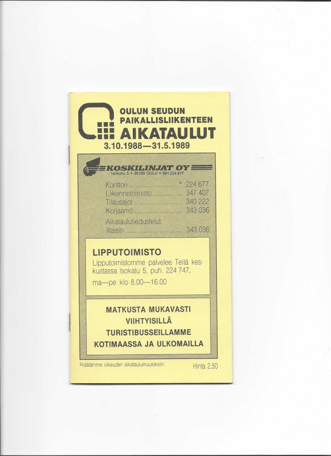 Aikataulut, Oulun seudun paikallisliikenne, 1988-89