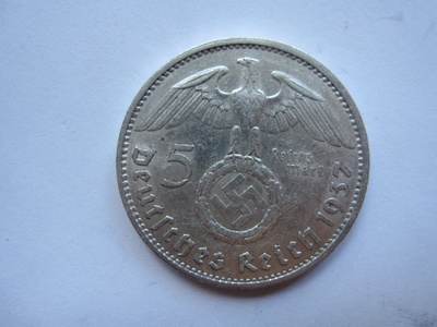 Natsi-Saksa 5 Reichsmark 1937 hopeaa