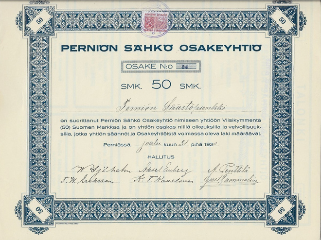 OKK 1920 Perniön Sähkö Oy, Perniö osakekirja