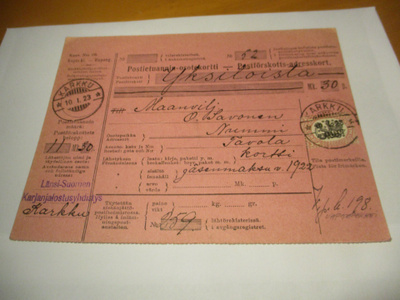 1923 Karkku vapaapaketin postiennakko Nummelle