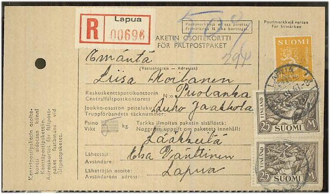 1947 R-tilaavievä paketti - kenttäpostipakettikortti