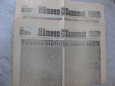 Sanomalehti : Hämeen Sanomat  2 kpl