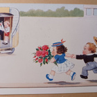 Pariskunta juoksee bussiin, piirrospk, p. 1938 - pikkukuva 1