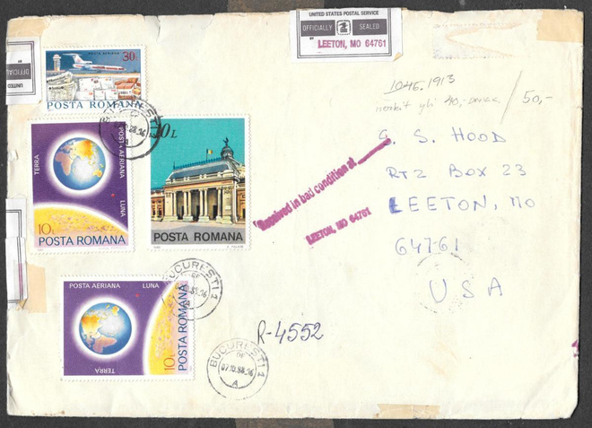 Postilähetys - Romania-USA 1988 - merkkejä, leimoja
