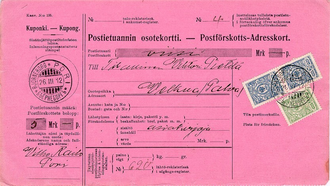 1912 postiennakko-asiakirjoja lähetys