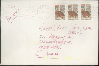 1988 suomalainen kirje 3 kpl kirje Kanadaan