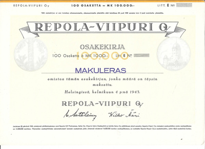OKK Repola-Viipuri Oy Helsinki 1943 bl