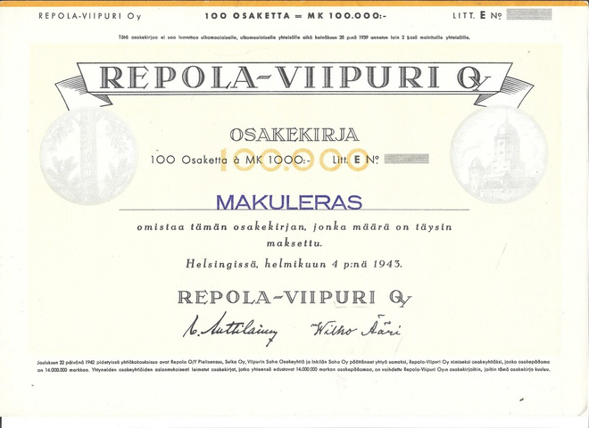 OKK Repola-Viipuri Oy Helsinki 1943 bl