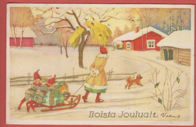 G Forsström ? Nainen vetää lahjakelkkaa, tontut auttavat