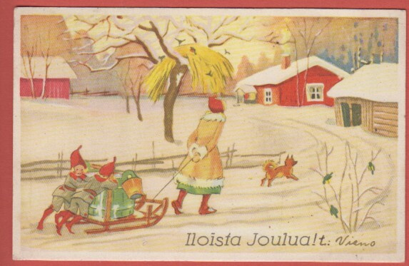 G Forsström ? Nainen vetää lahjakelkkaa, tontut auttavat