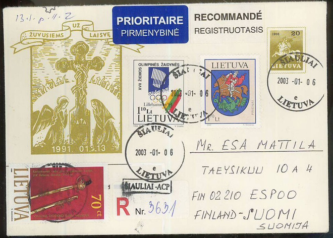 Liettua Mi 788 ym kirjattu kirje Suomeen