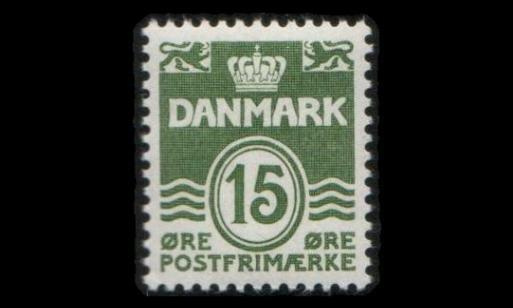 Tanska 410y ** Aaltoviiva 15 öre tumm.vihr. y-paperi (1963)