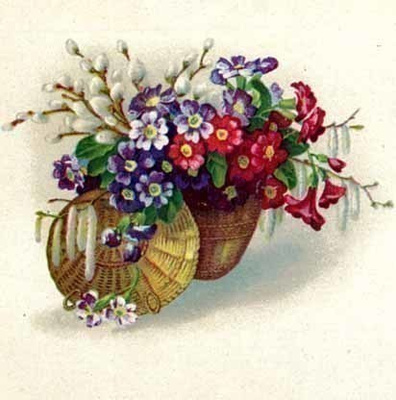 PAJUNKISSAT / Kevätesikoita ja pajun oksia korissa. 1910-l.