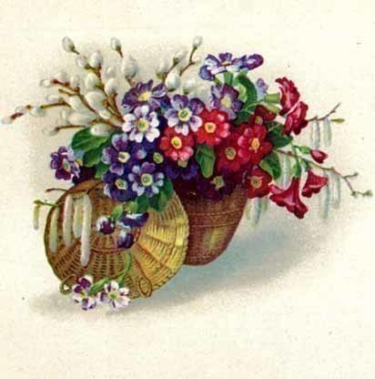 PAJUNKISSAT / Kevätesikoita ja pajun oksia korissa. 1910-l.