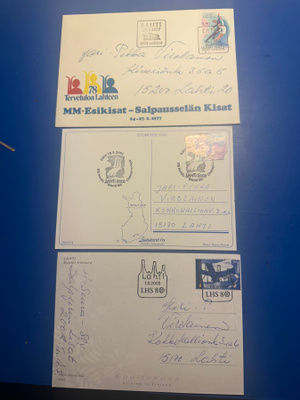 Lahden MM-kisa aiheisia kortteja ja kirjekuori