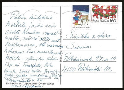 Tub Joulumerkki 1986 Poro ja tonttu kortilla