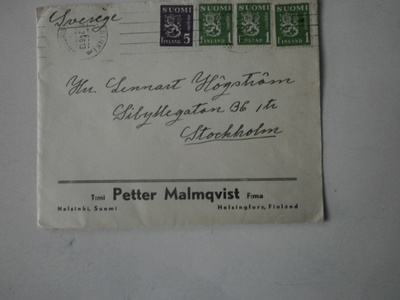 Helsinki, T:mi Petter Malmqvist 1.2.1946 Tukholmaan