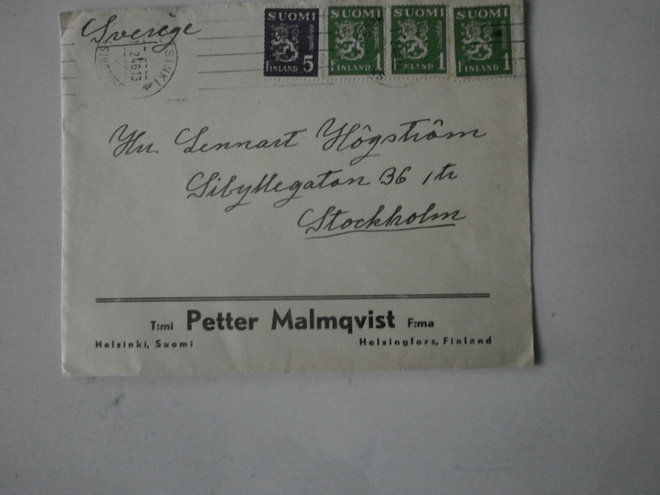 Helsinki, T:mi Petter Malmqvist 1.2.1946 Tukholmaan