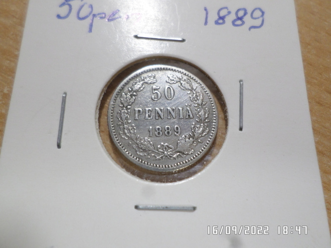 50  penniä  1889  Hopeaa   rahakehyksessä   Kl 7-8