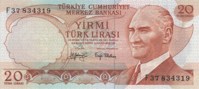(B0076) TURKEY, L.1970 (1974 ND). 20 Lira. P-187a. UNC
