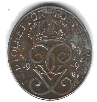 1949 5 ÖRE KOLIKKO KÄYTETTY RUOTSI