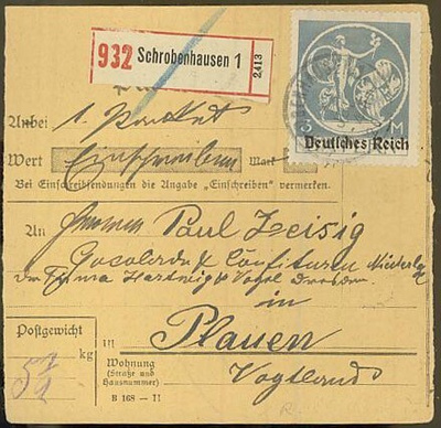 Saksa Mi 134 ym kirjattu pakettikortti