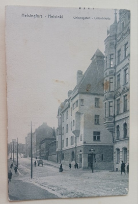 Helsinki, Unioninkatua, talvikuva, jalankulkijoita, p. 1914