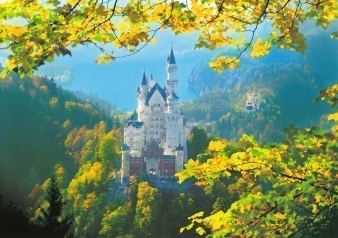 Neuschwanstein linna, keltaiset oksat (isohko kortti)