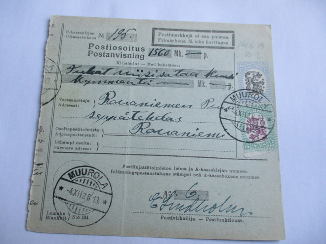 1928 Muurola postiosoitus Rovaniemelle