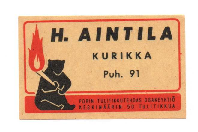 Porin Tulitikkutehdas H: AINTILA. KURIKKA. Etiketti