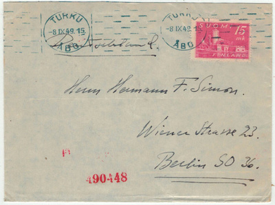 M30 1945 15mk Olavinlinna kirje Saksaan 1949