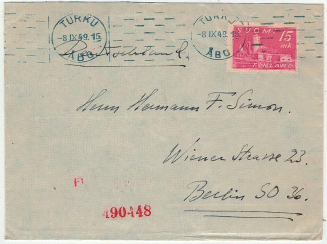 M30 1945 15mk Olavinlinna kirje Saksaan 1949