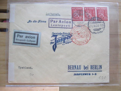 Lentoposti kuori Saksaan vuodelta 1933 3x1,5 pun merkeillä