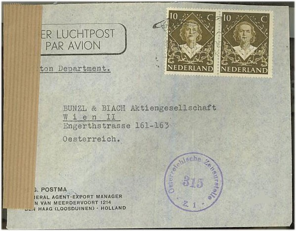 Hollanti Mi 509 pari lentokirje Itävaltaan