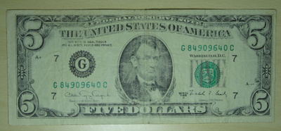 USA $5 dollari series 1988 A numero G 84909640 C