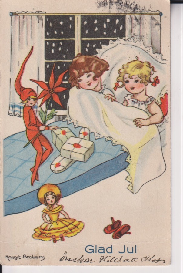 Glad Jul. Tytöt vuoteessa. lahjat,  Margit Broberg   e31