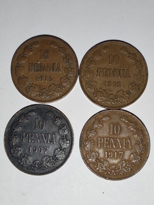 10 penniä 1907, 1916, 1917 4kpl