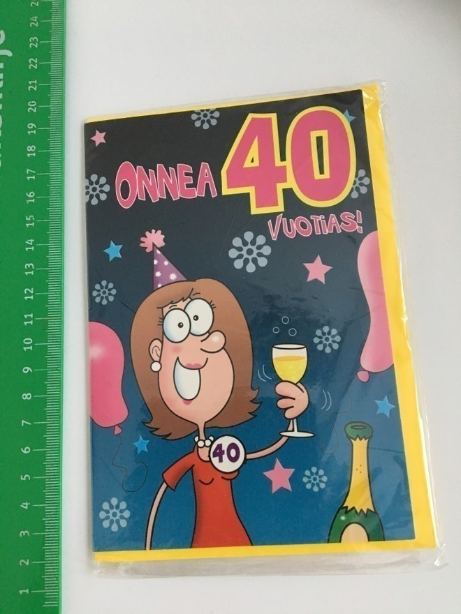 Onnittelukortti + confetti 40 vuotta + rintamerkki