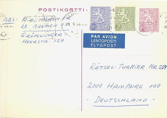 1963 25p ehiö lisämerkein lentokortti Saksaan