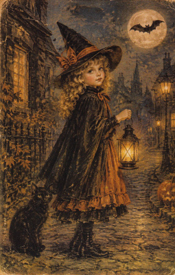 Halloween tytöllä noita-asu ja lyhty kädessä