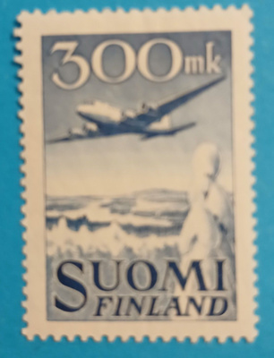 13.2.1950, Yleismerkki LAPE 384 , 300 mk DC-6 lentokone.**
