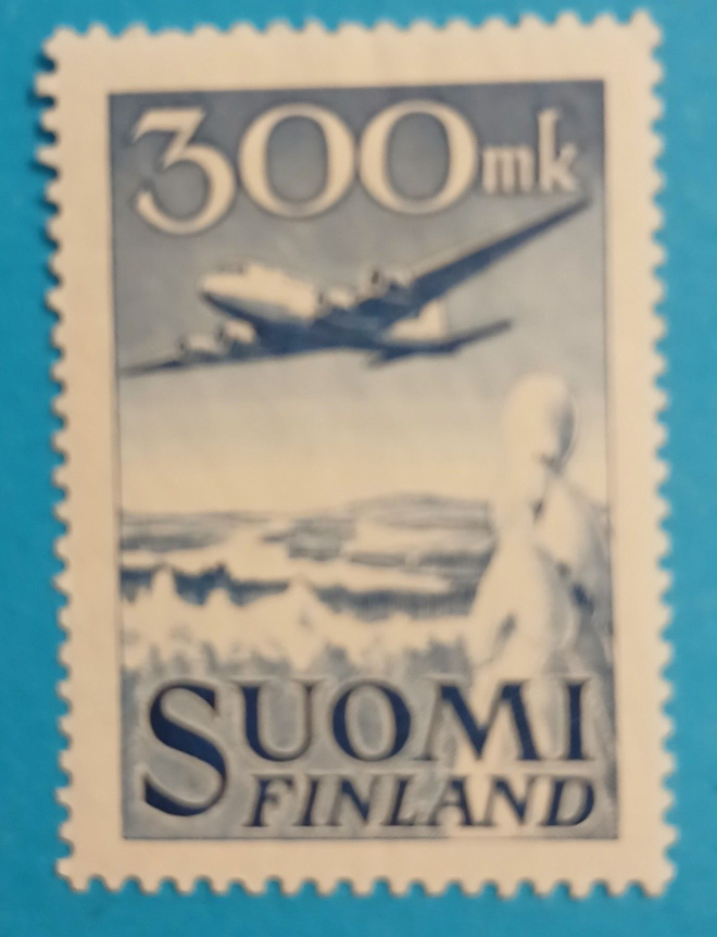 13.2.1950, Yleismerkki LAPE 384 , 300 mk DC-6 lentokone.**