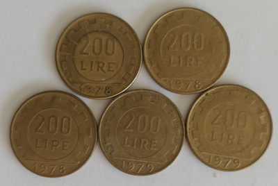6 kpl Italia 200 liiraa, 3 x 1978 - 2 x 1979 & 1981, 4 kuvaa