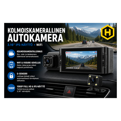 Kolmoiskamerallinen Autokamera 3.16” IPS-näytöllä