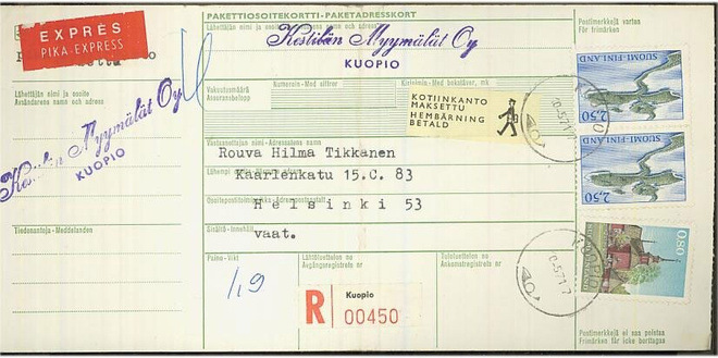 1971 Kirjattu paketti, pikajakeluna kotiinkanto maksettu