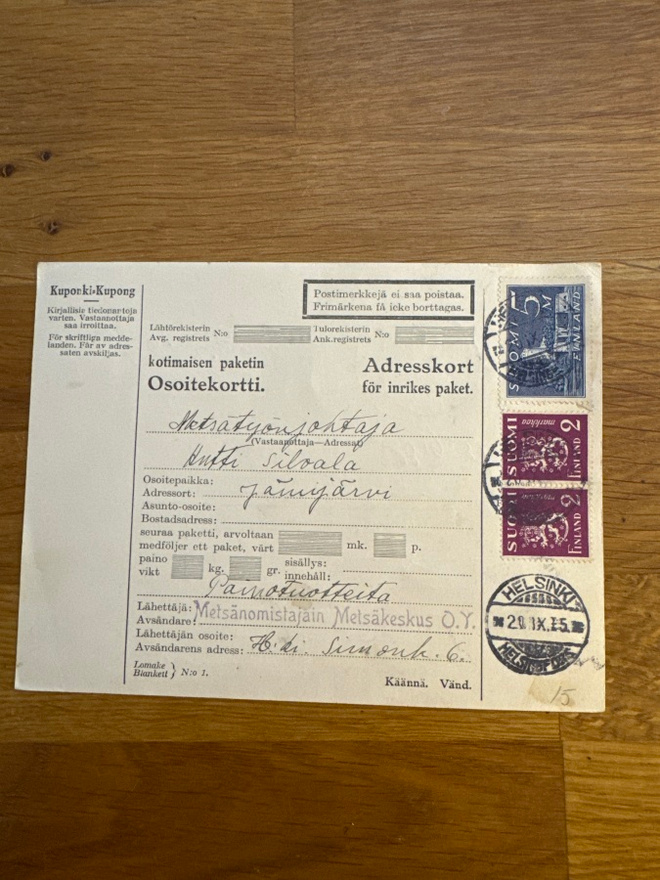Paketin osoitekortti 1935