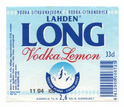 Lahden LONG Vodka Lemon etiketti 1994